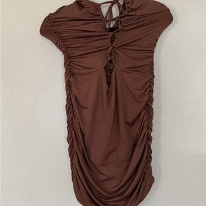 Tic Toc LA Brown Ruched Bodycon Mini Dress Size L Sexy Club Party Halter